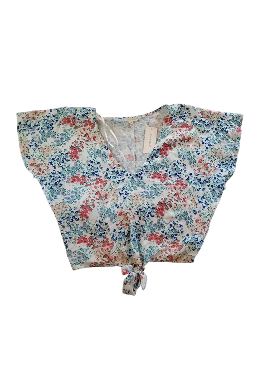 Sim & Sam Tops - Sim & Sam Floral Tie V-neck Blouse - White with Blue & Pink Flowers Size Large